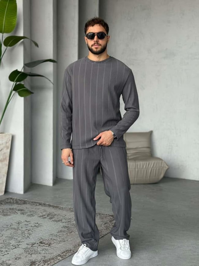 Fitilli Bisiklet Yaka Ottoman Kumaş Takım - Füme