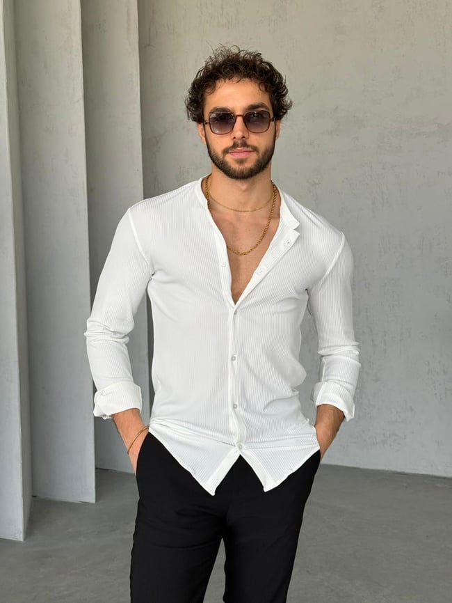 Fitilli Hakim Yaka Slimfit Gömlek M - Beyaz