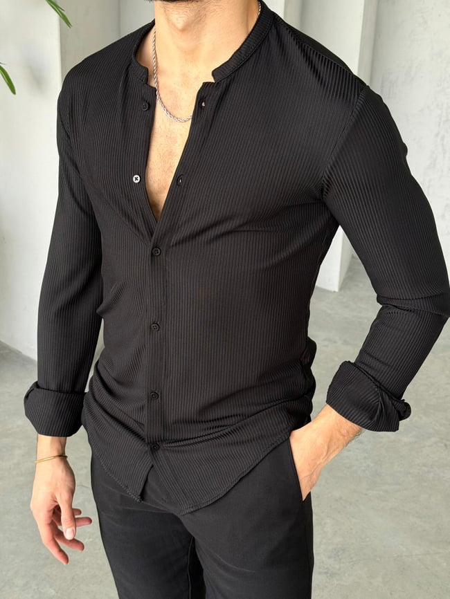 Fitilli Hakim Yaka Slimfit Gömlek M - Siyah