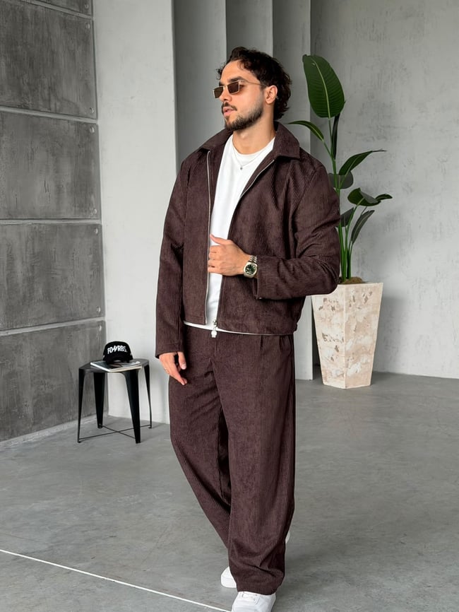 Fitilli Kadife Fermuarlı Baggy Takım T Kahverengi
