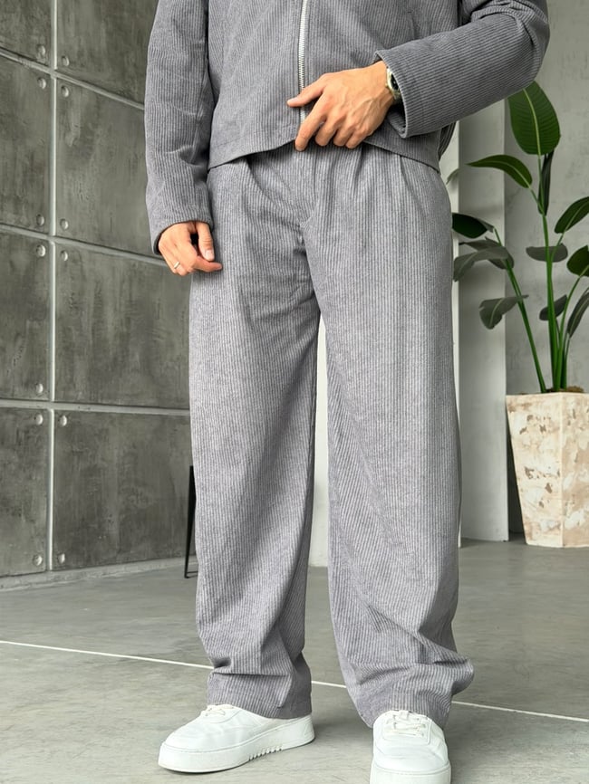 Fitilli Kadife Fermuarlı Baggy Takım T Gri