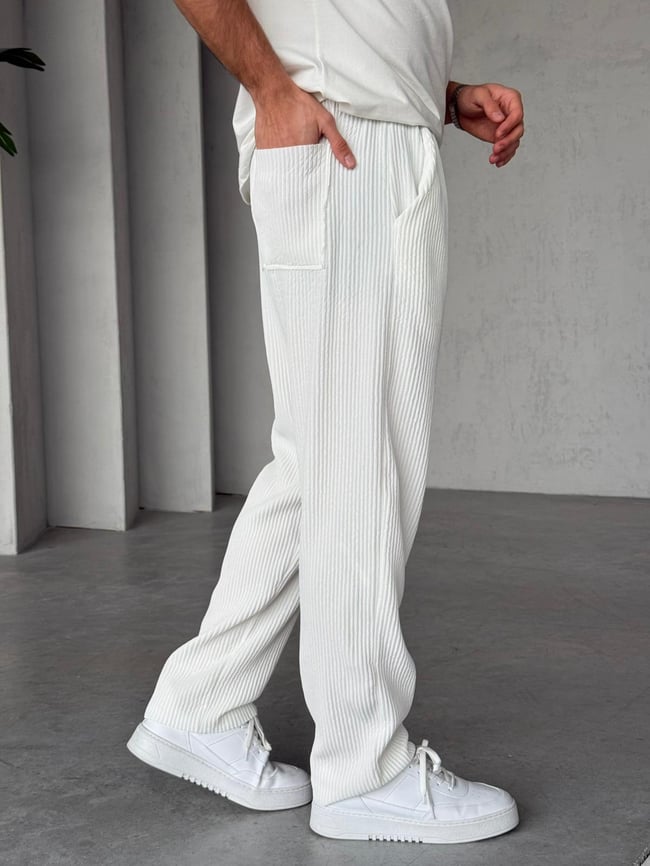 Fitilli Kumaş Jogger Pantolon M - Beyaz