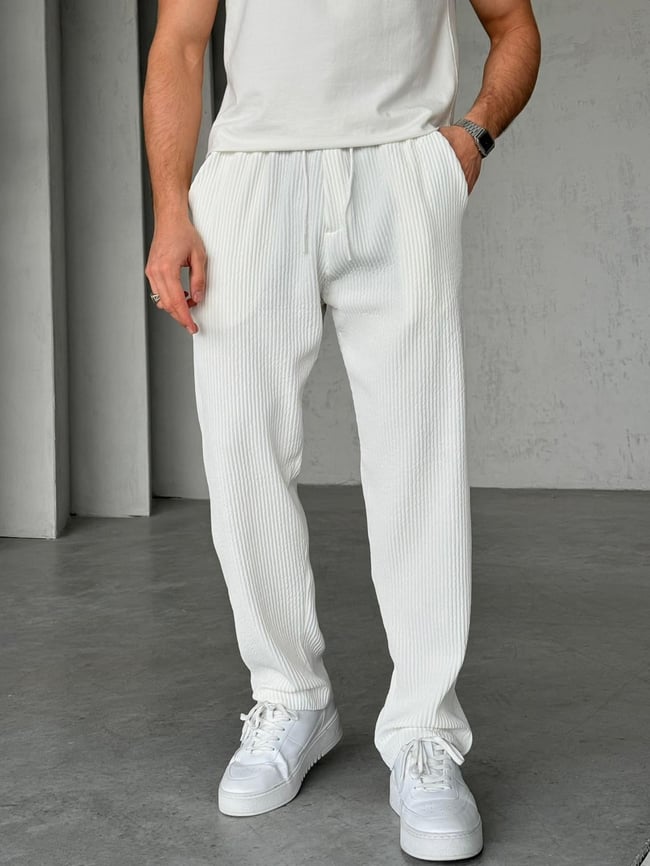 Fitilli Kumaş Jogger Pantolon M - Beyaz