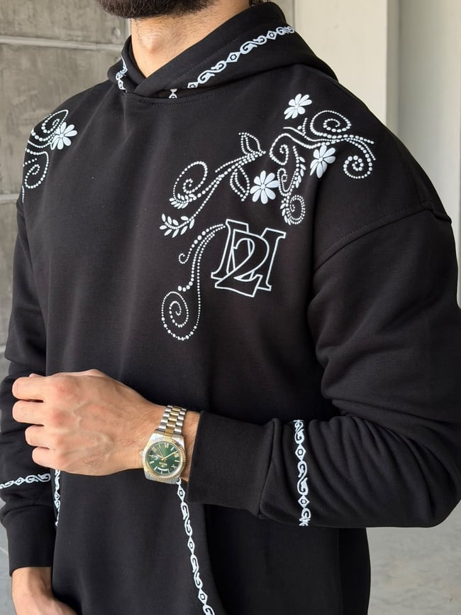 Floral Baskılı Oversize Kapüşonlu Sweat T Siyah