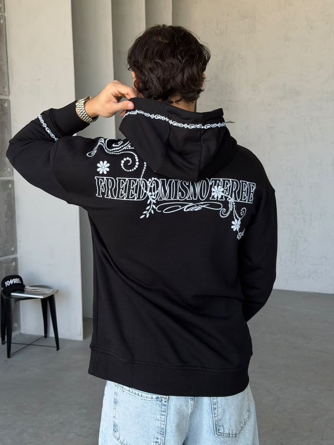 Floral Baskılı Oversize Kapüşonlu Sweat T Siyah