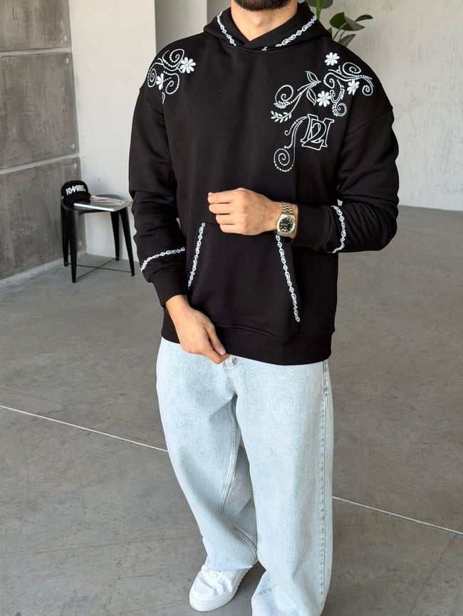 Floral Baskılı Oversize Kapüşonlu Sweat T Siyah