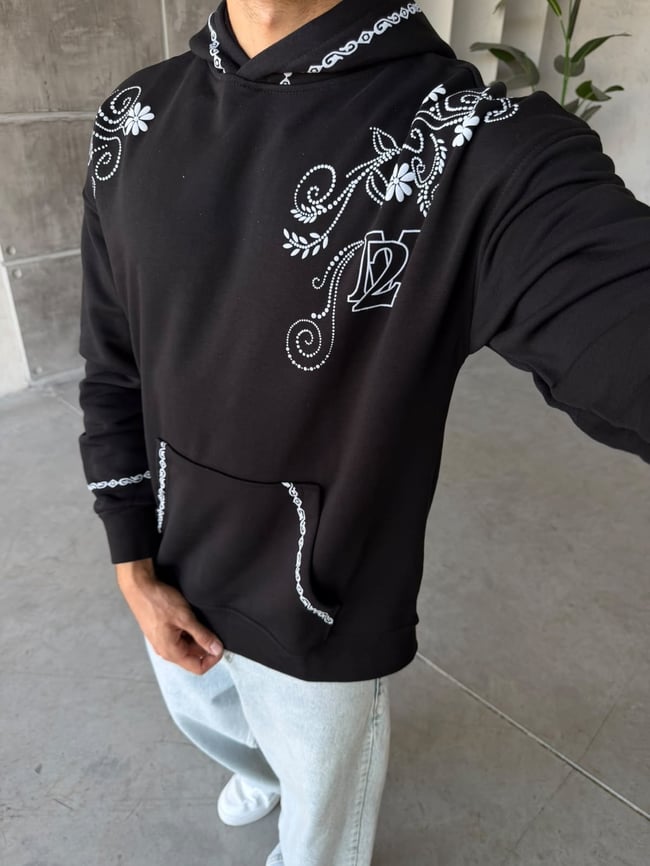 Floral Baskılı Oversize Kapüşonlu Sweat T Siyah