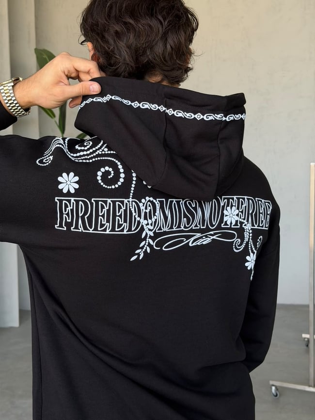 Floral Baskılı Oversize Kapüşonlu Sweat T Siyah