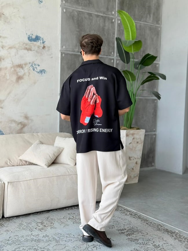 FOCUS SİYAH Desenli Dubble Hürrem Kumaş Oversize Gömlek T