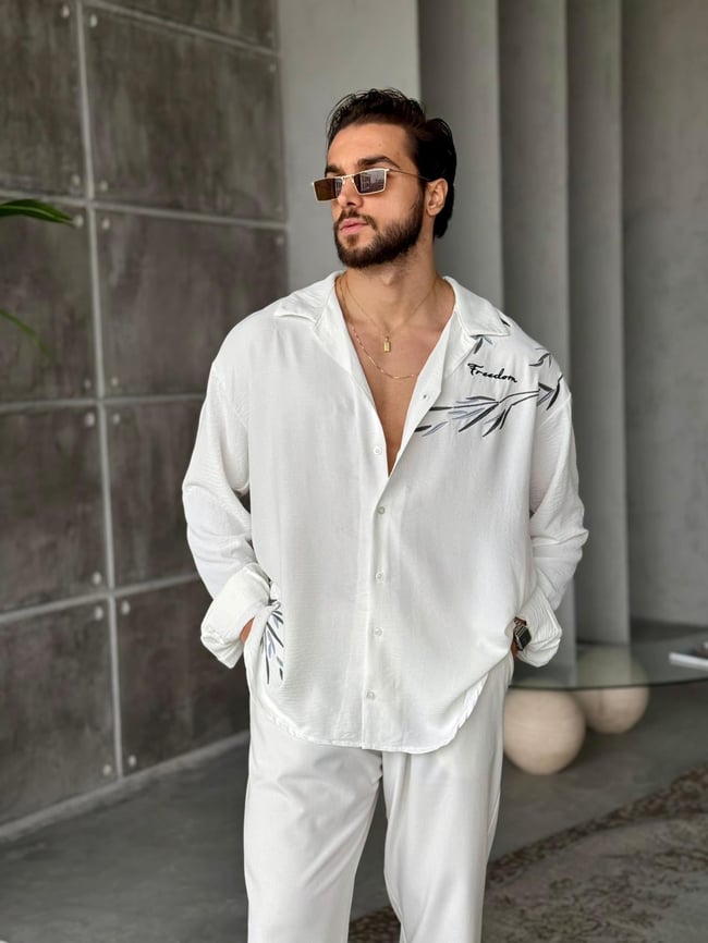 Freedom Nakış Detaylı Oversize Gömlek T - Beyaz