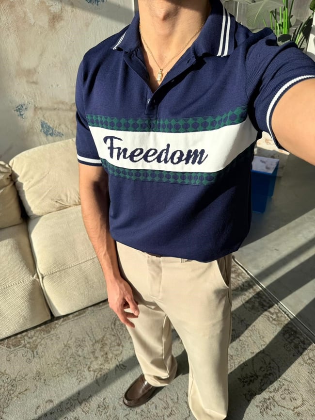 Freedom Nakışlı Polo yaka Triko T - Lacivert