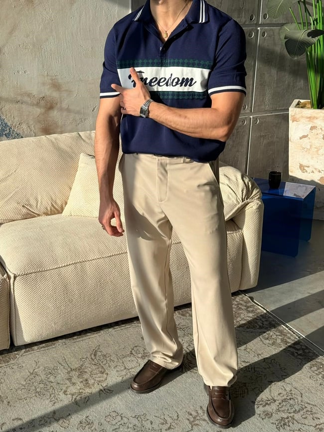 Freedom Nakışlı Polo yaka Triko T - Lacivert