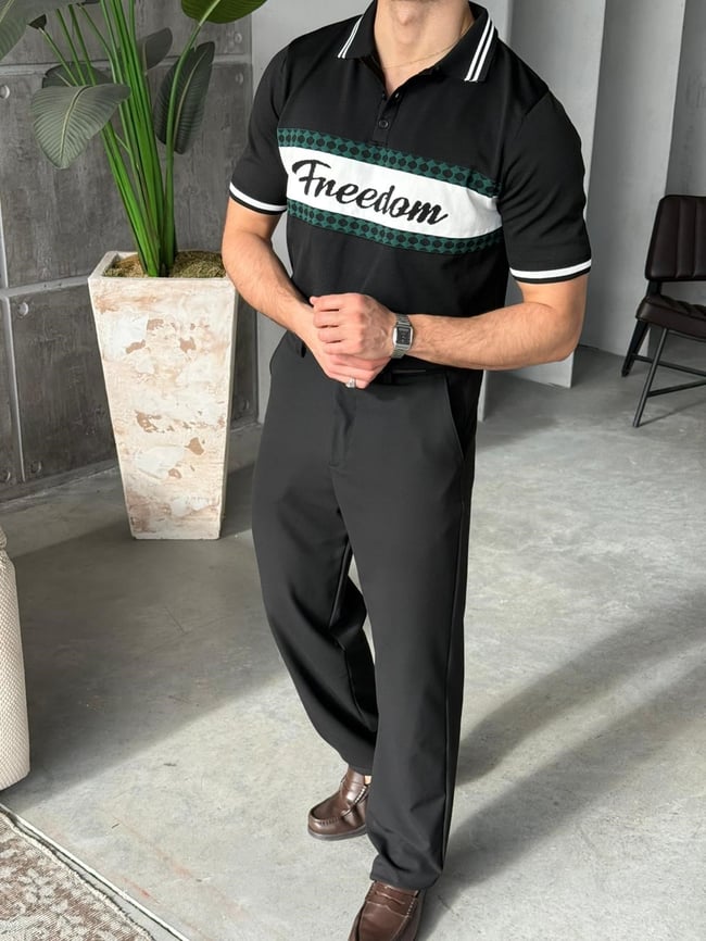 Freedom Nakışlı Polo yaka Triko T - Siyah