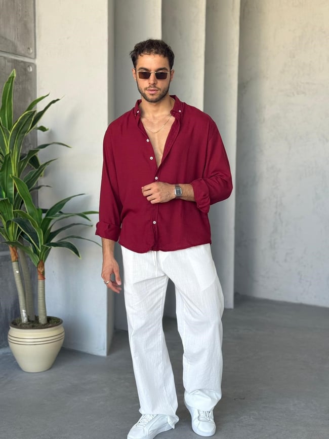 Fresh Keten Gömlek G - Bordo