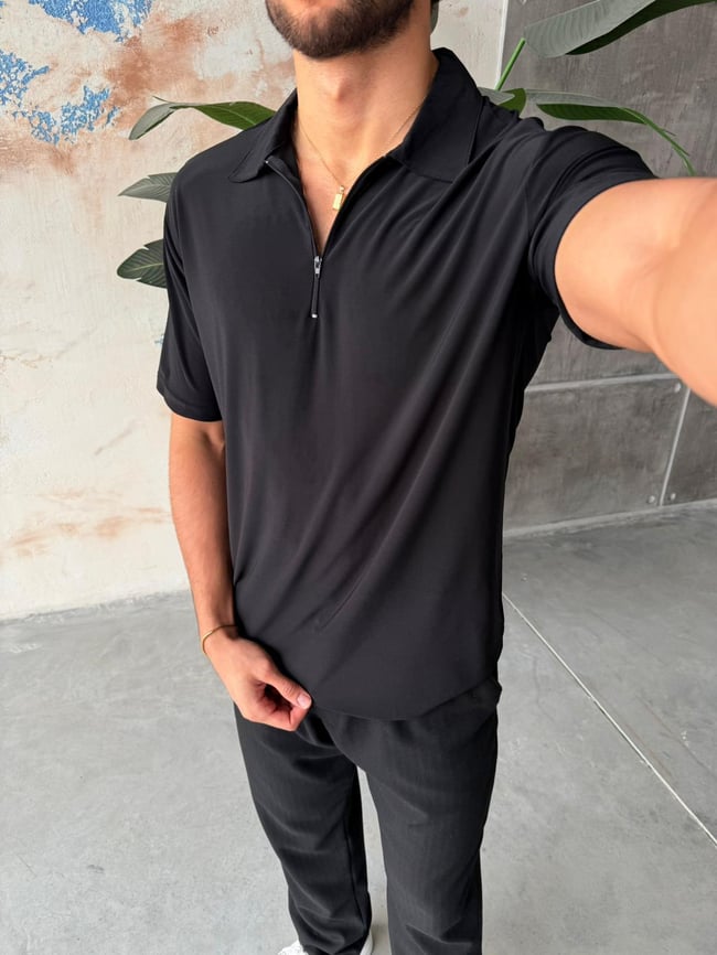 Full Likralı Light Kumaş Polo Yaka M - Siyah