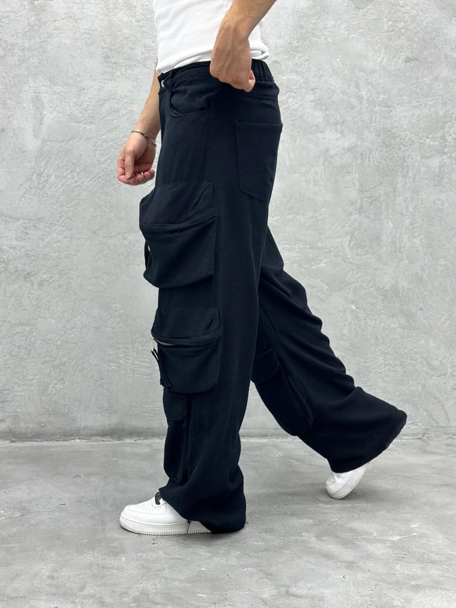 Gabardin Keten Çok Cepli Pantolon Siyah