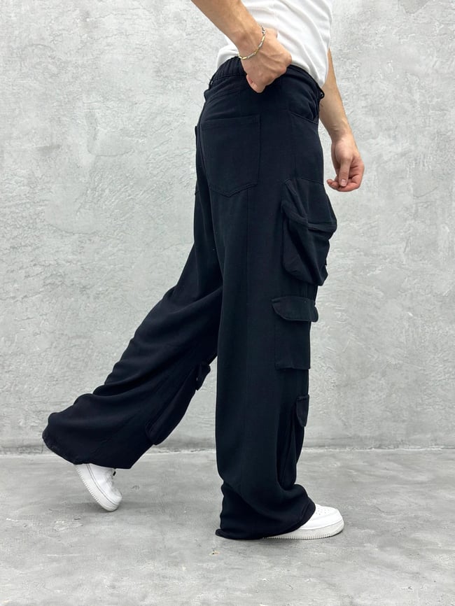 Gabardin Keten Çok Cepli Pantolon Siyah