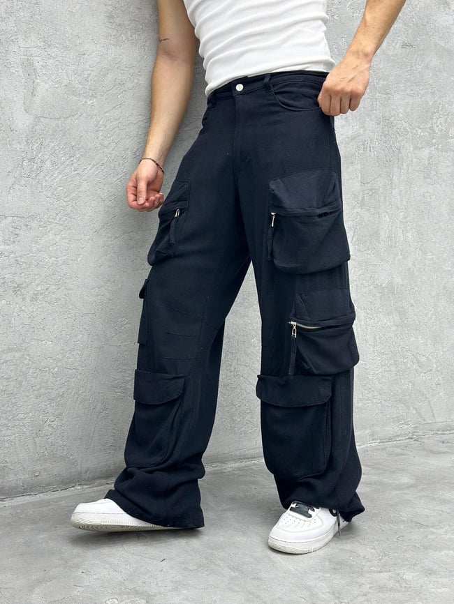 Gabardin Keten Çok Cepli Pantolon Siyah