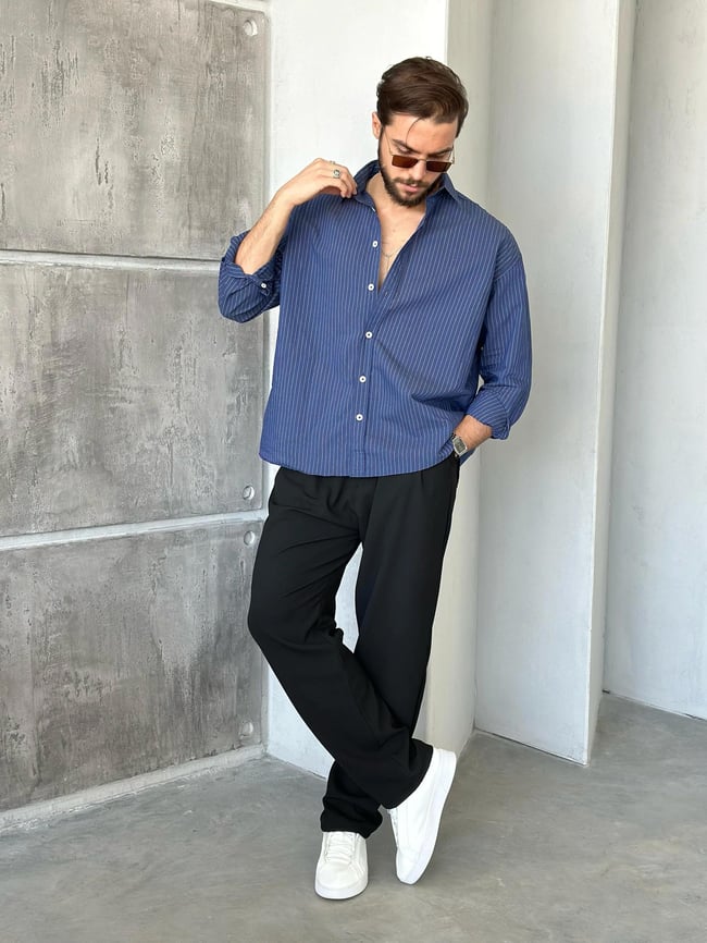 GM1000 Çizgili oversize gömlek LACİVERT