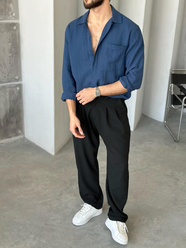 GM201 Müslin kumaş cepli oversize gömlek MAVİ