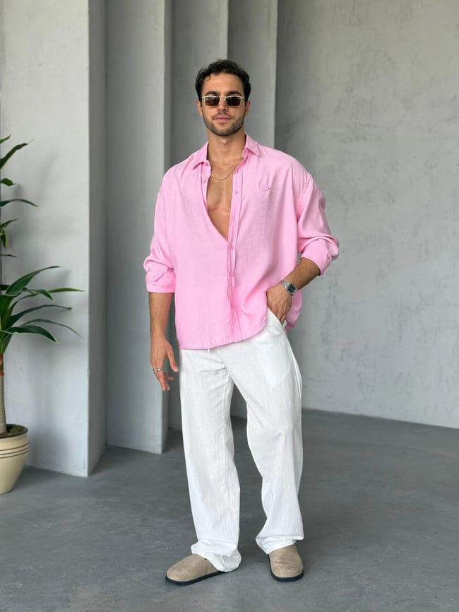 GM3021 Modal Kumaş Oversize Gömlek Pembe