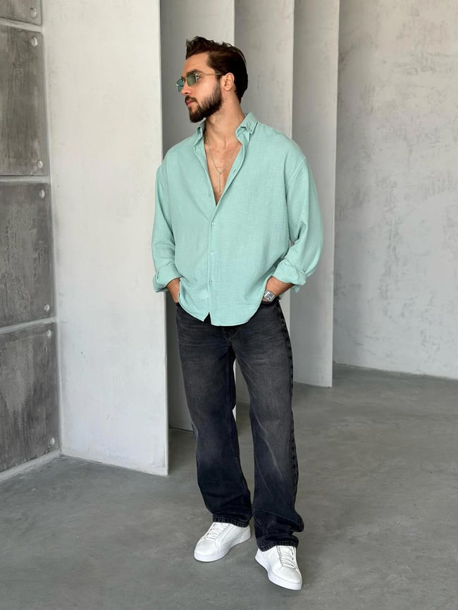 GM401 Soft Basic Oversize Gömlek SU YEŞİLİ K