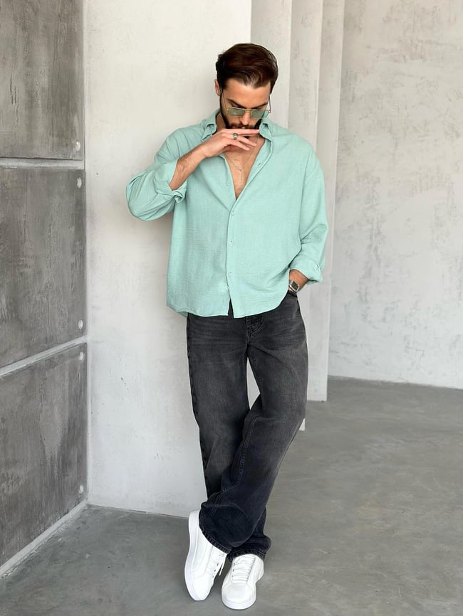 GM401 Soft Basic Oversize Gömlek SU YEŞİLİ K