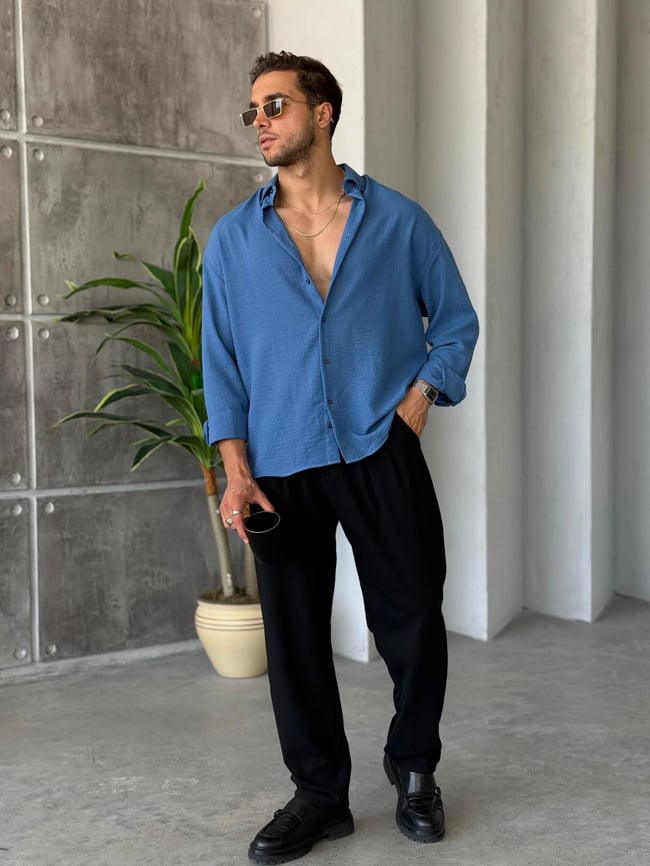 GM406 Soft Basic Oversize Gömlek MAVİ K