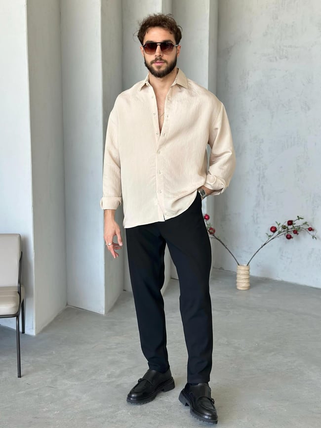 GM4600 Modal Kumaş Basic Oversize Gömlek Bej
