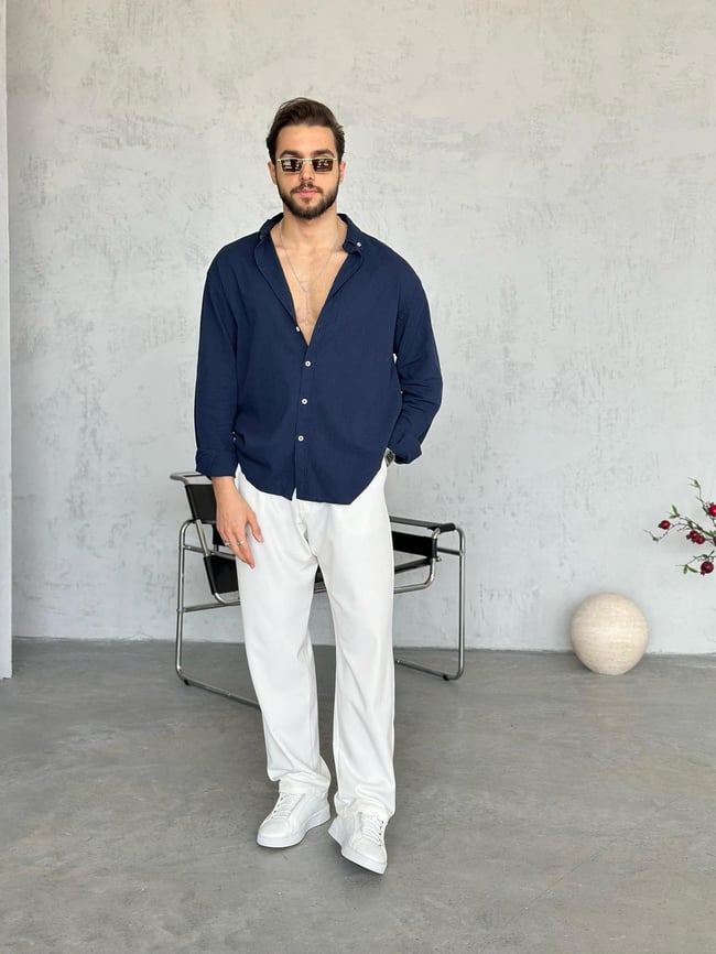 GM54740 Oversize krınkıl keten gömlek LACİVERT