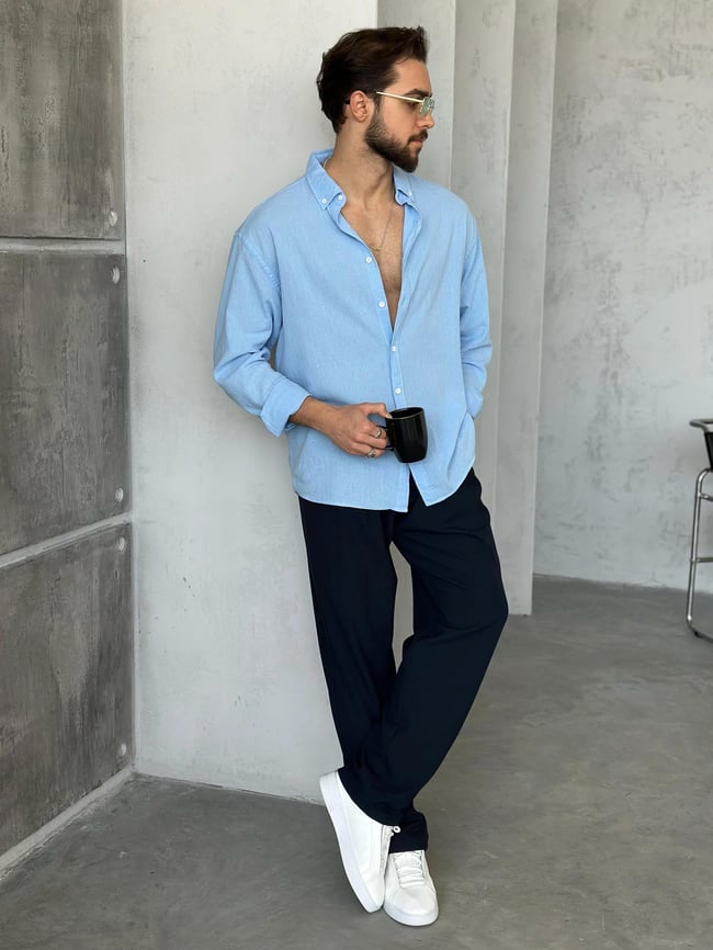 GM54745 Oversize krınkıl keten gömlek MAVİ