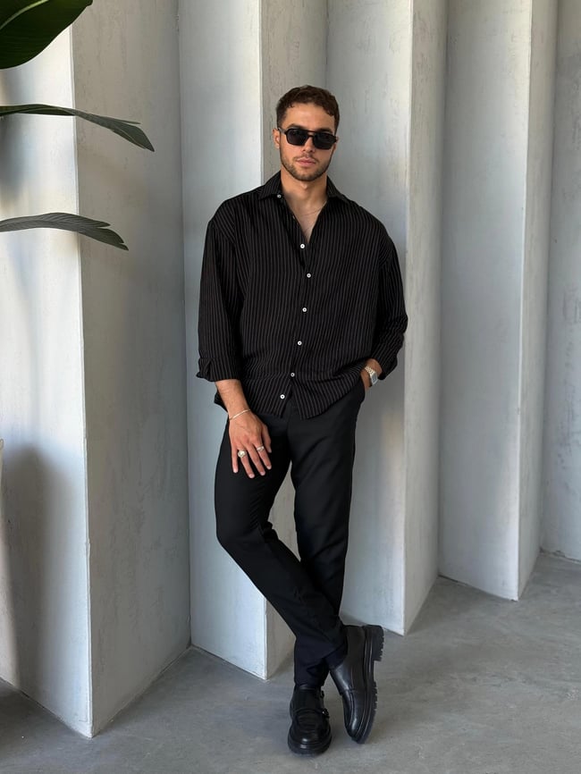 GM9999 Siyah Çizgili Oversize Gömlek