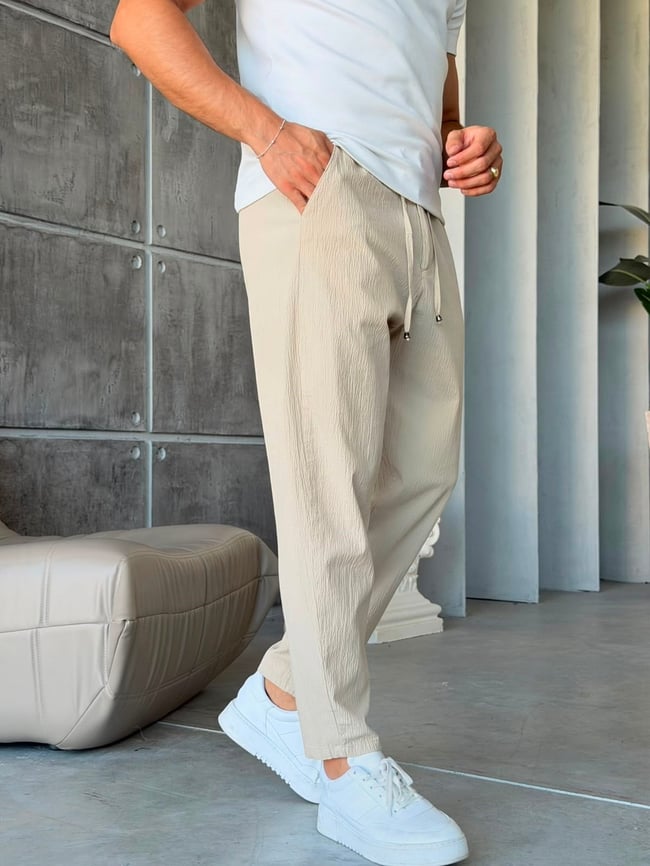 GOFRE KUMAŞ JOGGER PANTOLON W BEJ