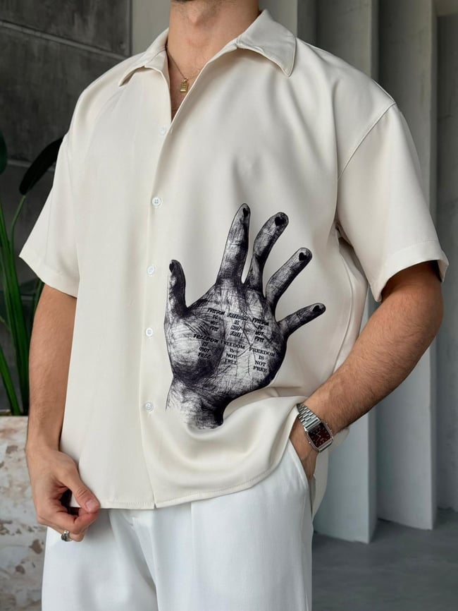 HAND Desenli Dubble Hürrem Kumaş Oversize Gömlek T