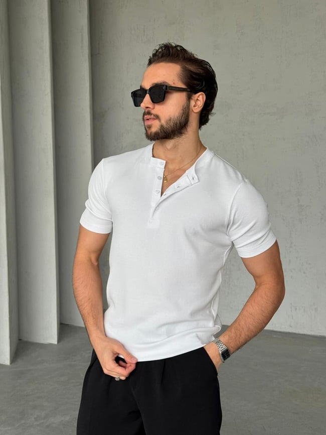 Hanley Yaka Fitilli T-Shirt M - Beyaz