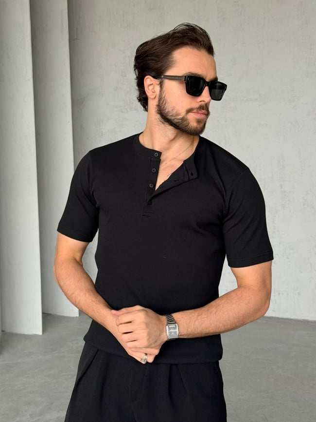 Hanley Yaka Fitilli T-Shirt M - Siyah