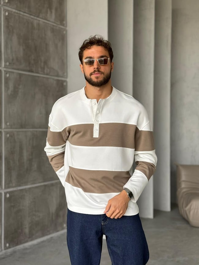 Hanley Yaka Modal Kumaş Çizgili Sweat - Kahve&Beyaz