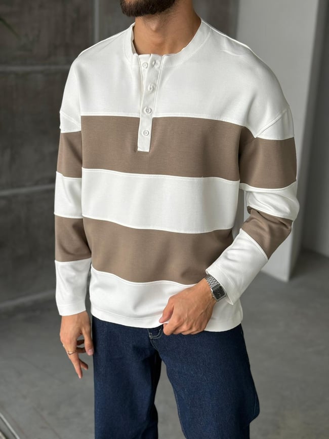Hanley Yaka Modal Kumaş Çizgili Sweat - Kahve&Beyaz