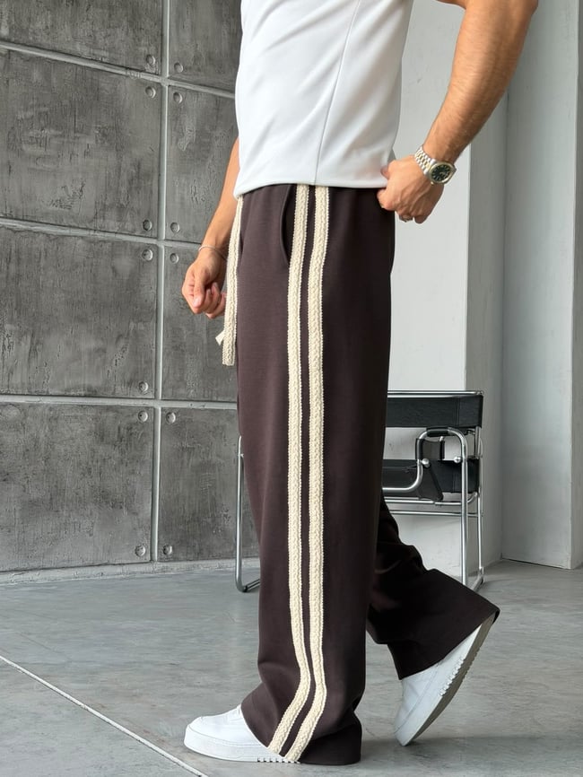 Hasır Şeritli Tasarım Baggy Eşofman W Kahverengi