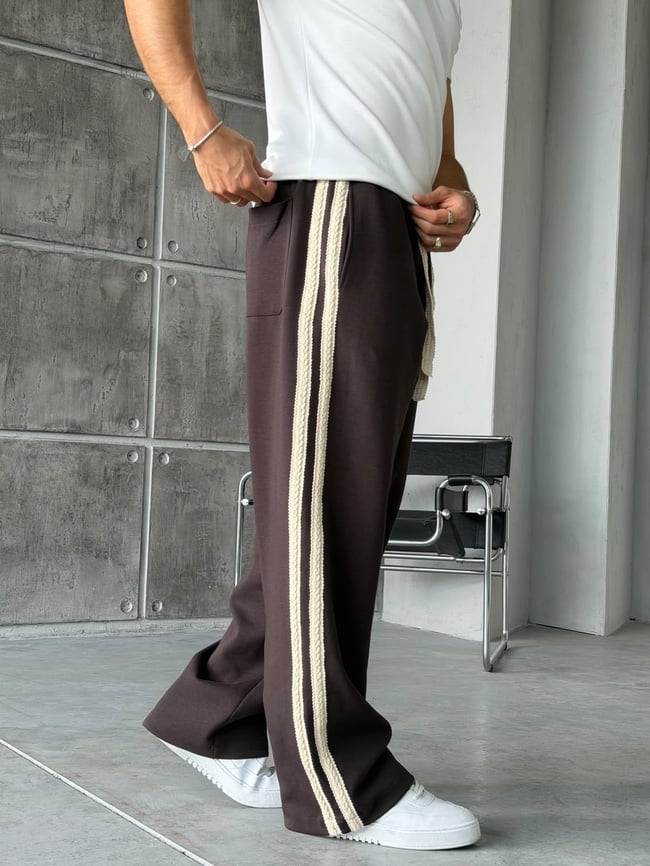 Hasır Şeritli Tasarım Baggy Eşofman W Kahverengi