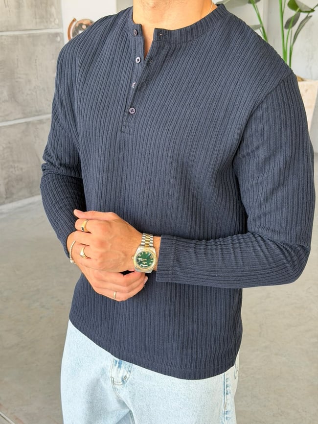 Henley Yaka Fitilli Sweat M Lacivert