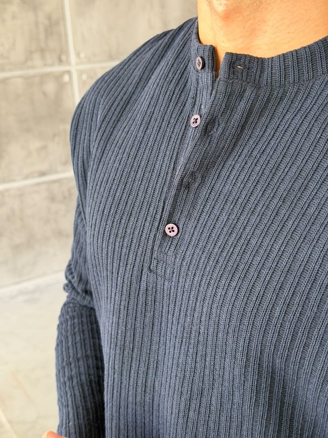 Henley Yaka Fitilli Sweat M Lacivert