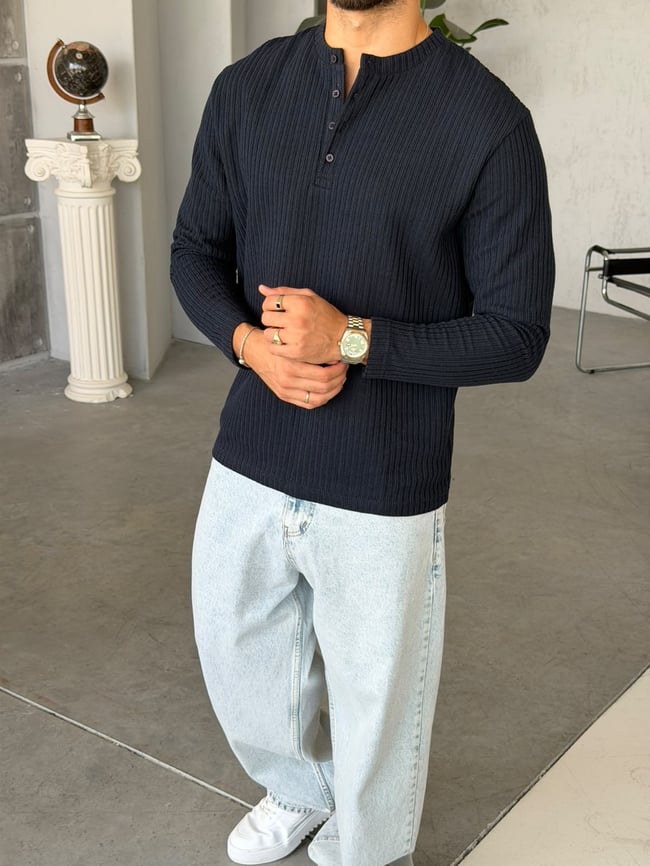 Henley Yaka Fitilli Sweat M Lacivert