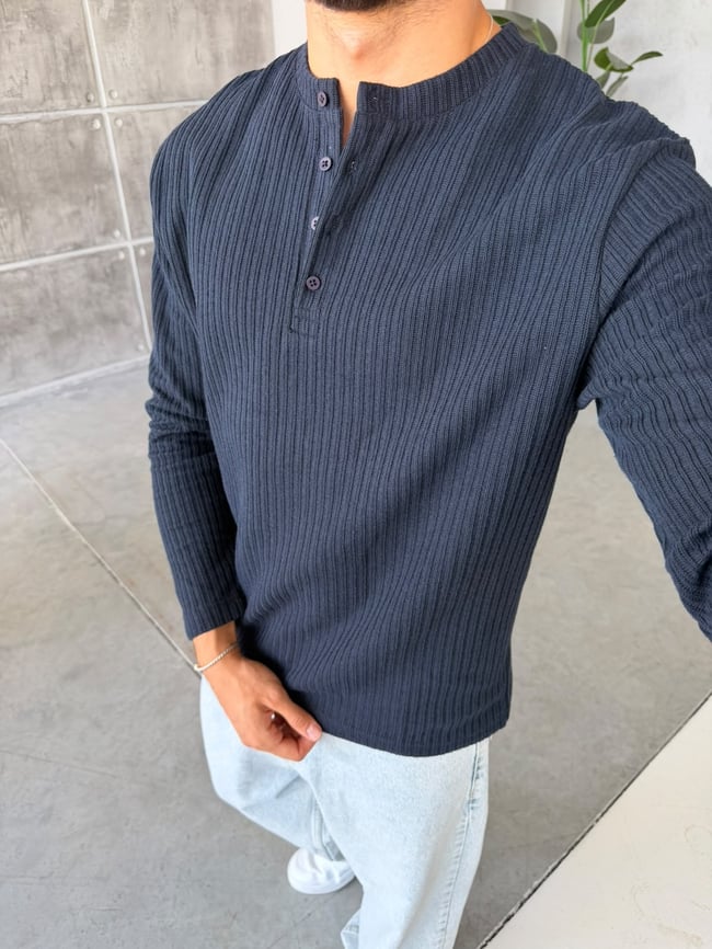 Henley Yaka Fitilli Sweat M Lacivert