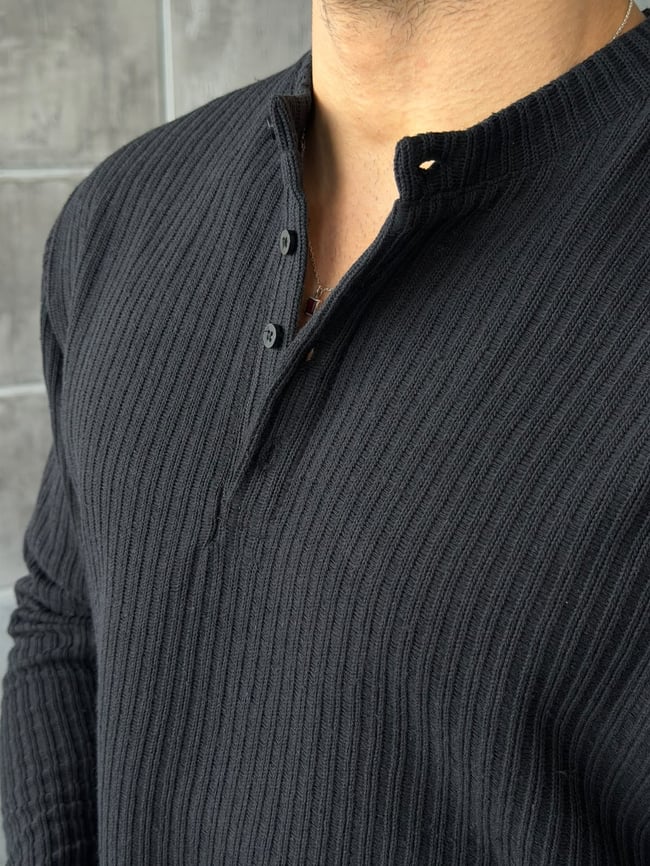 Henley Yaka Fitilli Sweat M Siyah