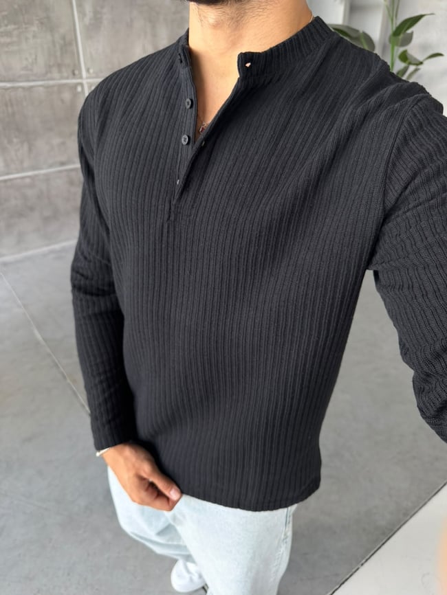 Henley Yaka Fitilli Sweat M Siyah