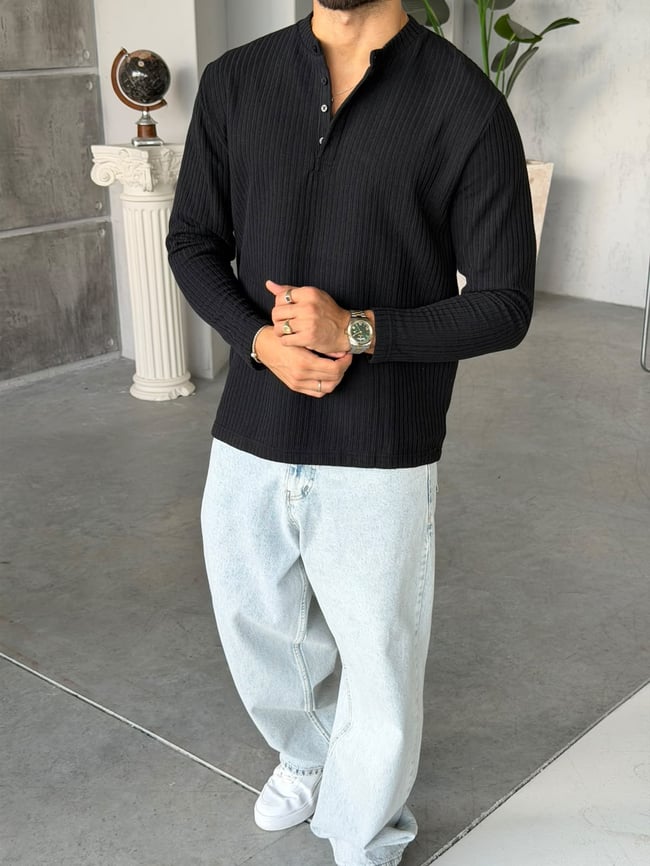 Henley Yaka Fitilli Sweat M Siyah