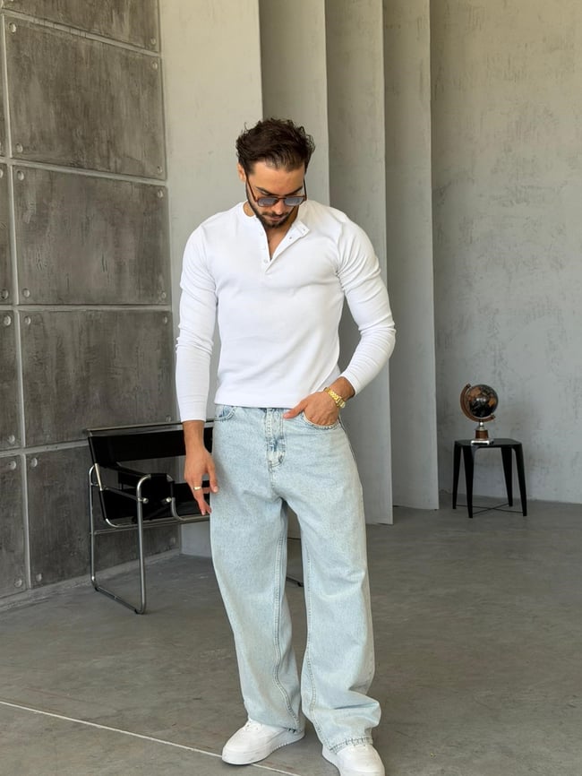 Henley Yaka Fitilli Uzun Kol M - BEYAZ