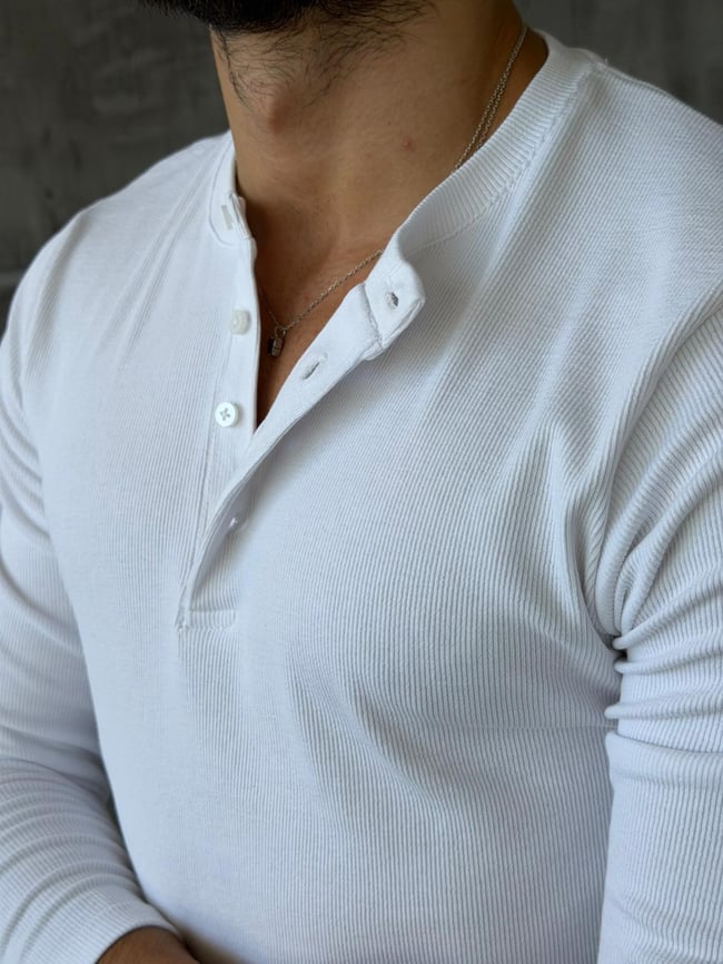 Henley Yaka Fitilli Uzun Kol M - BEYAZ