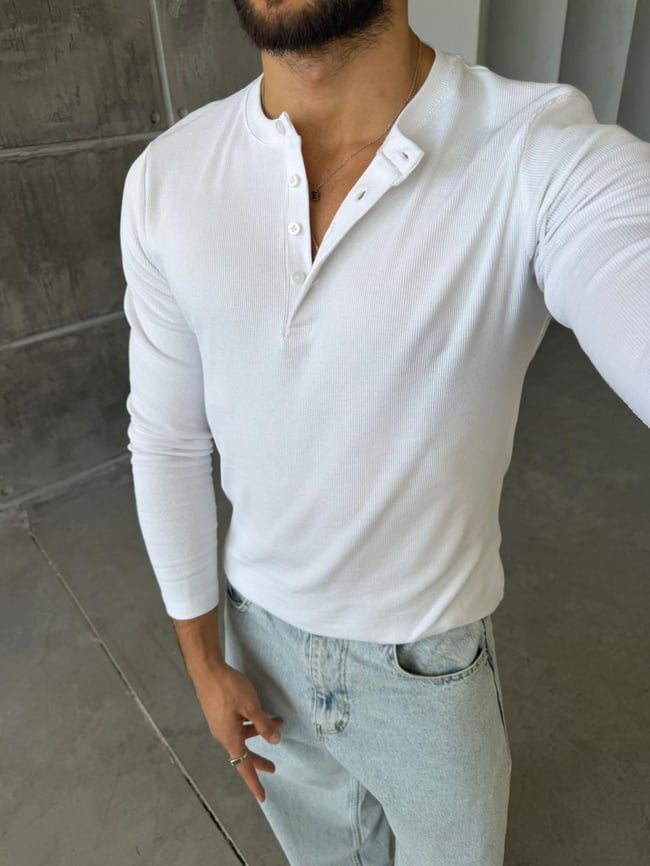 Henley Yaka Fitilli Uzun Kol M - BEYAZ